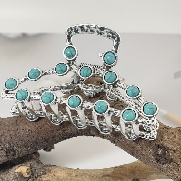 NEW Retro Western Bohemian Silver and Natural Turquoise Hair Claw Clip main image 5